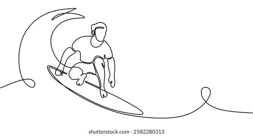 Continuous one line drawing of a surfer riding a wave. Symbol of beach lifestyle, extreme sports, and connection to nature. Vector illustration hand drawn.