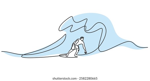 Continuous one line drawing of a surfer catching waves. Symbol of sea adventure, extreme sports, and summer activities. Vector illustration hand drawn.