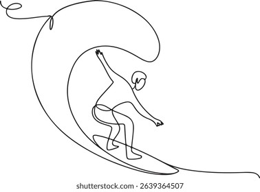 Continuous one line drawing of surfer riding a curling wave performing carving turn in minimalist style


