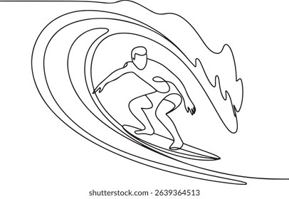 Continuous one line drawing of surfer riding a curling wave performing carving turn in minimalist style

