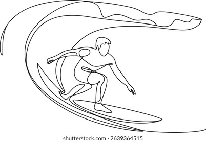 Continuous one line drawing of surfer riding a curling wave performing carving turn in minimalist style


