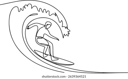 Continuous one line drawing of surfer riding a curling wave performing carving turn in minimalist style

