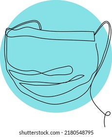Continuous one line drawing of surgical face mask on blue. Coronavirus diseases defence concept. Minimal line art.