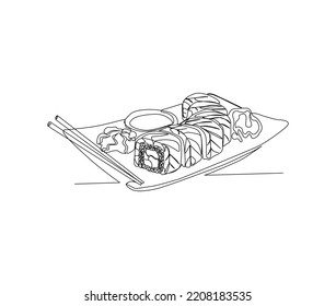 Continuous one line drawing of Sushi and Sashimi. Japanese Food line art drawing vector illustration. 