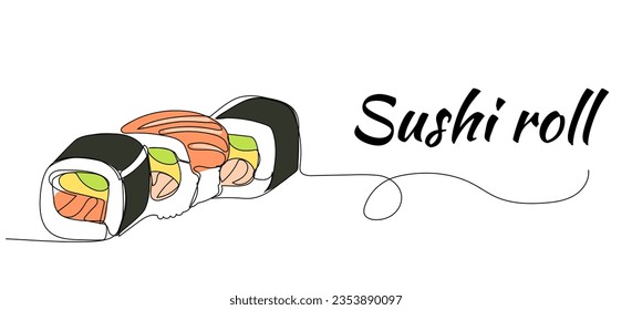 Continuous one line drawing of sushi rolls. Japanese food restaurant menu. Simple vector illustration