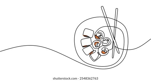 Desenho contínuo de uma linha de sushi em uma placa com pauzinhos. Ilustração vetorial simples para temas de alimentos e bebidas.