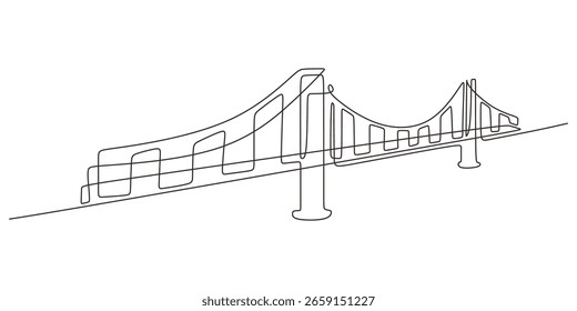 Dibujo continuo de una línea de un puente colgante. Concepto de conexión, progreso e infraestructura de ingeniería. Vector minimalista para conceptos empresariales o tecnológicos.