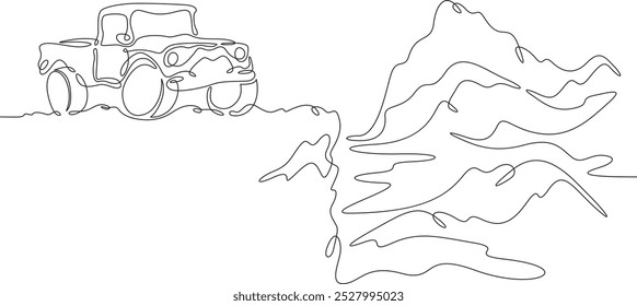 Continuous one line drawing SUV on a rock. Mountain landscape. 4x4 car off-road.One continuous line isolated minimal illustration.