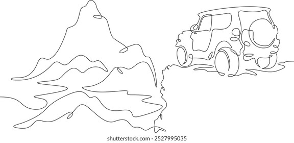 Continuous one line drawing SUV on a rock. Mountain landscape. 4x4 car off-road.One continuous line isolated minimal illustration.