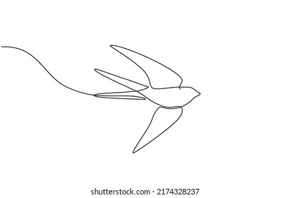 Continuous One Line Drawing Of A Swallow Flying. Bird In Flight Isolated On A Transparent Background. Line Art In One Continuous Line A Bird In Flight. A Swallow Flies In Doodle Style.