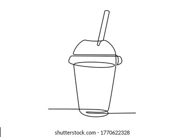 Continuous one line drawing of sweet bubble drink in plastic cup for logo emblem. Milkshake or soda drink made of single line for fast food cafe logotype. Vector illustration