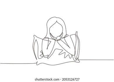 Continuous one line drawing sweet dream or sleep. Sleeping young girl hugs or holding pillow or overslept to work. Woman took sleeping pill for insomnia. Single line draw design vector illustration