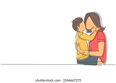 Continuo dibujo de una línea, un dulce niño está abrazando y besando a su hermosa madre joven en la mejilla mientras se sienta en la cama en casa. Día de la madre. ilustración vectorial de diseño de línea única