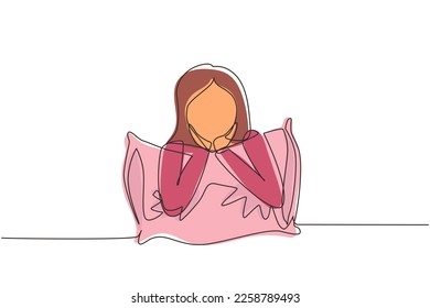 Continuous one line drawing sweet dream or sleep. Sleeping young girl hugs or holding pillow or overslept to work. Woman took sleeping pill for insomnia. Single line draw design vector illustration