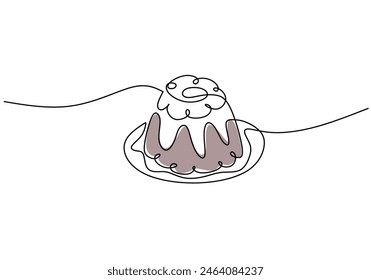 Continuous one line drawing of sweet pudding. Dessert concept. Single line draw design vector graphic illustration.