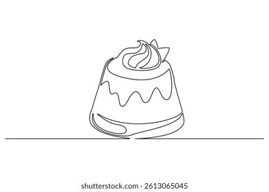 Continuous one line drawing of Sweet pudding. Single line drawing illustration of Pudding. Dessert meal concept vector art. Doodle line illustration.
