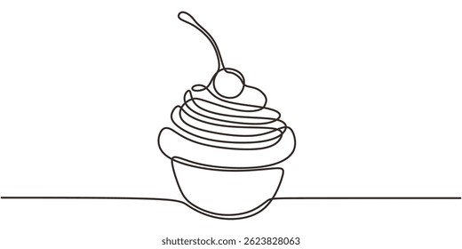Desenho contínuo de uma linha de um cupcake doce coberto com geada e uma cereja. Desenhado à mão com ilustração vetorial.