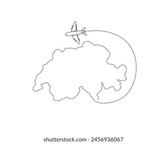 Continuous one line drawing of Switzerland map with airplane. Switzerland - European map combined with airplane simple outline vector illustration. Editable stroke.