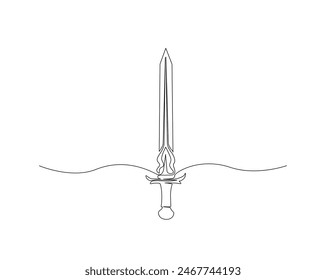 Continuous one line drawing of sword. Simple sword single outline vector illustration. Editable stroke.