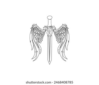 Continuous one line drawing of sword wings. Simple sword with angel wings single outline vector illustration. Editable stroke.