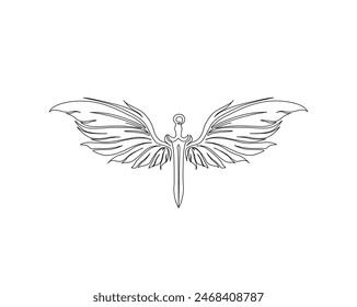 Continuous one line drawing of sword wings. Simple sword with angel wings single outline vector illustration. Editable stroke.