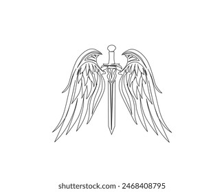 Continuous one line drawing of sword wings. Simple sword with angel wings single outline vector illustration. Editable stroke.