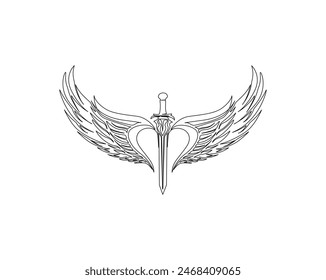 Dibujo continuo de una línea de alas de espada. Sencilla espada con alas de ángel Ilustración vectorial de contorno único. Trazo editable.