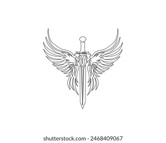 Continuous one line drawing of sword wings. Simple sword with angel wings single outline vector illustration. Editable stroke.