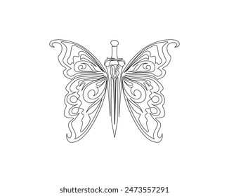 Continuous one line drawing of sword with butterfly wings. Sword combined with butterfly wings in single outline vector illustration. Editable stroke.