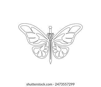 Continuous one line drawing of sword with butterfly wings. Sword combined with butterfly wings in single outline vector illustration. Editable stroke.