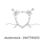 Continuous one line drawing of swords and shield. Simple sword and shield single outline vector illustration. Editable stroke.