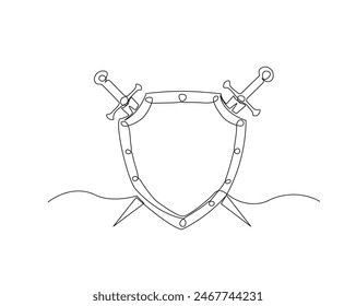 Continuous one line drawing of swords and shield. Simple sword and shield single outline vector illustration. Editable stroke.