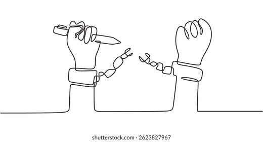 Continuous one line drawing symbolizing freedom of thought, depicting a broken chain on a wrist holding a pen. Vector illustration hand drawn.