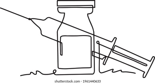 Continuous one line drawing of syringe with needle and vaccine tube. Hand drawn line art. COVOD-19 Coronavirus vaccine bottle and syringe vector drawing. 