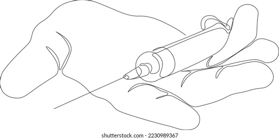 Dibujo continuo de una línea de una jeringa con una aguja tendida en una mano, diseño minimalista. Detener la adicción