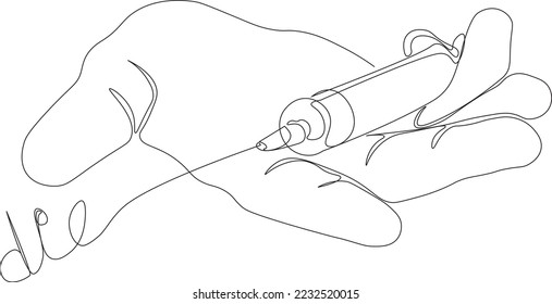 Continuous one line drawing of a syringe with a needle lying in the hand with the inscription "die", minimalist design. Stop drug addiction