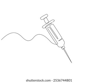 Desenho contínuo de uma linha da seringa para injeção. Ilustração de desenho de uma linha da seringa médica. Saúde médica, frasco para injetáveis de vacina, conceito antivírus de linha única. Estrutura de tópicos editável