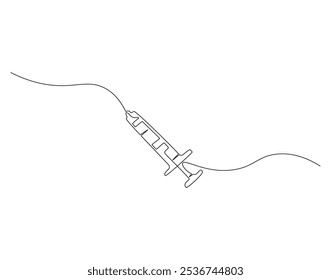 Continuous one line drawing of syringe for inject. One line drawing illustration of medical syringe. Medical health, vaccine vial, anti virus concept single line. Editable outline