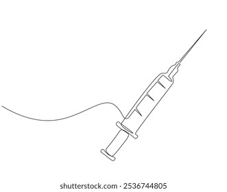 Dibujo continuo de una línea de jeringa para inyección. Ilustración de dibujo de una línea de jeringa médica. Salud médica, vial de vacuna, concepto antivirus línea única. Esquema editable