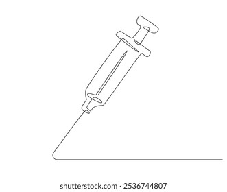 Continuous one line drawing of syringe for inject. One line drawing illustration of medical syringe. Medical health, vaccine vial, anti virus concept single line. Editable outline