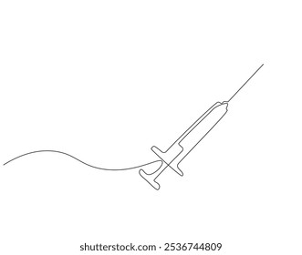 Continuous one line drawing of syringe for inject. One line drawing illustration of medical syringe. Medical health, vaccine vial, anti virus concept single line. Editable outline