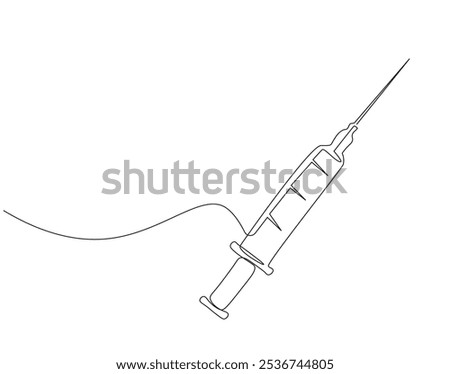 Continuous one line drawing of syringe for inject. One line drawing illustration of medical syringe. Medical health, vaccine vial, anti virus concept single line. Editable outline