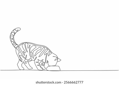 Continuous one line drawing tabby cat standing eating from a cat food bowl. Eating food full of nutrients. Nice smooth hair. Fluffy. National Tabby Day. Single line draw design vector illustration