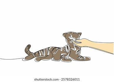 Continuous one line drawing tabby cat is lying down and there is a human hand holding his chin. Stroking. Joking with the striped one. National Tabby Day. Single line draw design vector illustration