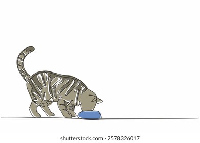 Continuous one line drawing tabby cat standing eating from a cat food bowl. Eating food full of nutrients. Nice smooth hair. Fluffy. National Tabby Day. Single line draw design vector illustration