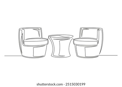 Continuous one line drawing table and chairs isolated on white background. Vintage furniture for interior design. Editable stroke. Vector illustration