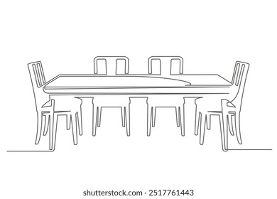 Mesa de desenho contínua de uma linha e cadeiras isoladas sobre fundo branco. Mobiliário vintage para design de interiores. Traçado editável. Ilustração vetorial