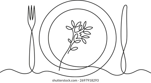 Desenho contínuo de uma linha da mesa com elementos botânicos no interior da placa. Ilustração de jantar minimalista com ervas e folhas