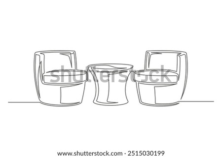 Continuous one line drawing table and chairs isolated on white background. Vintage furniture for interior design. Editable stroke. Vector illustration