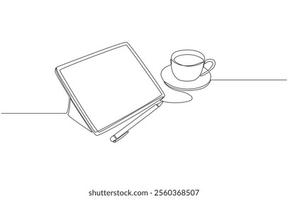 Continuous one line drawing of tablet, stylus pen and cup of coffee on table, graphic design work concept, single line art